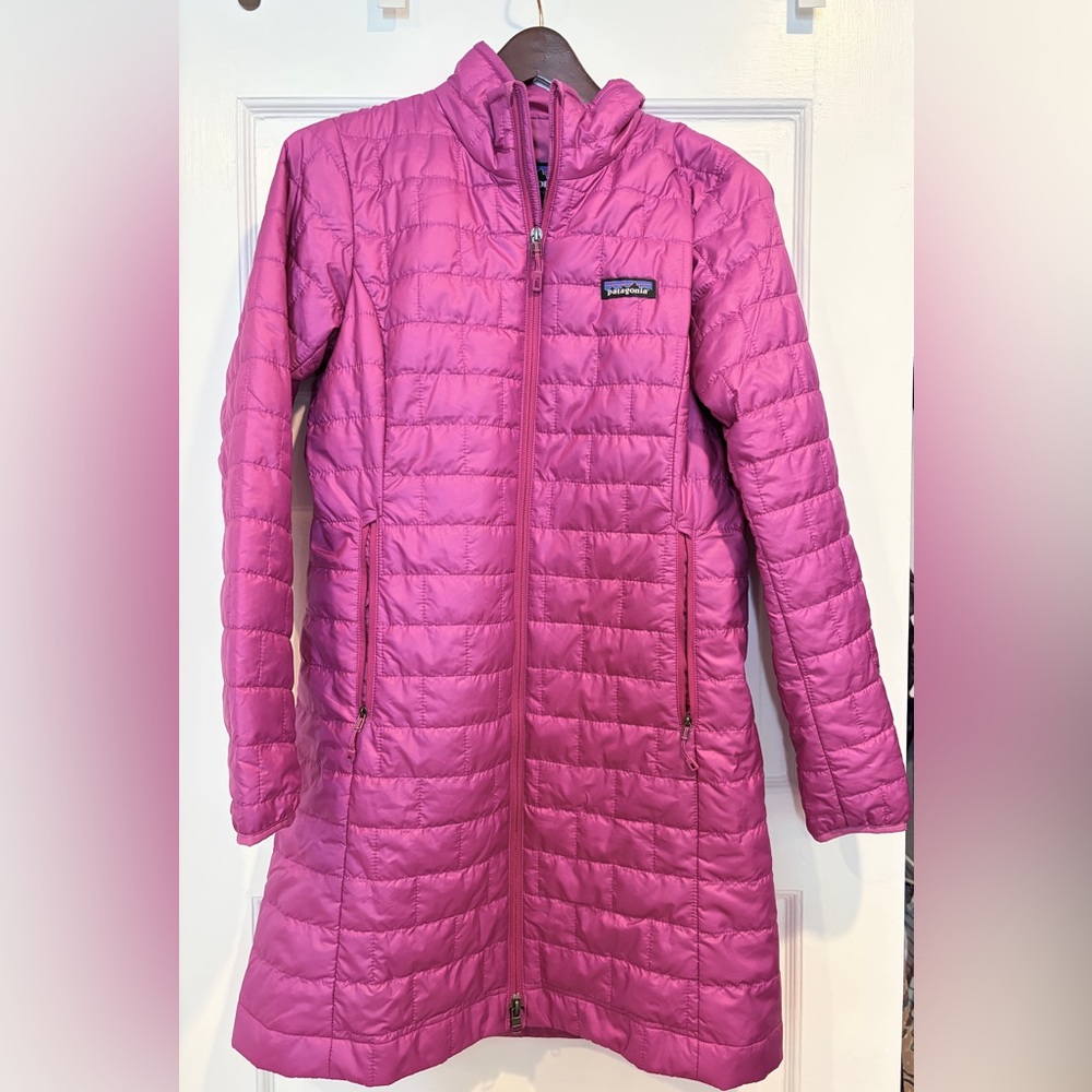 Patagonia Women's Puffer Jacket - color is called Amaranth Pink.